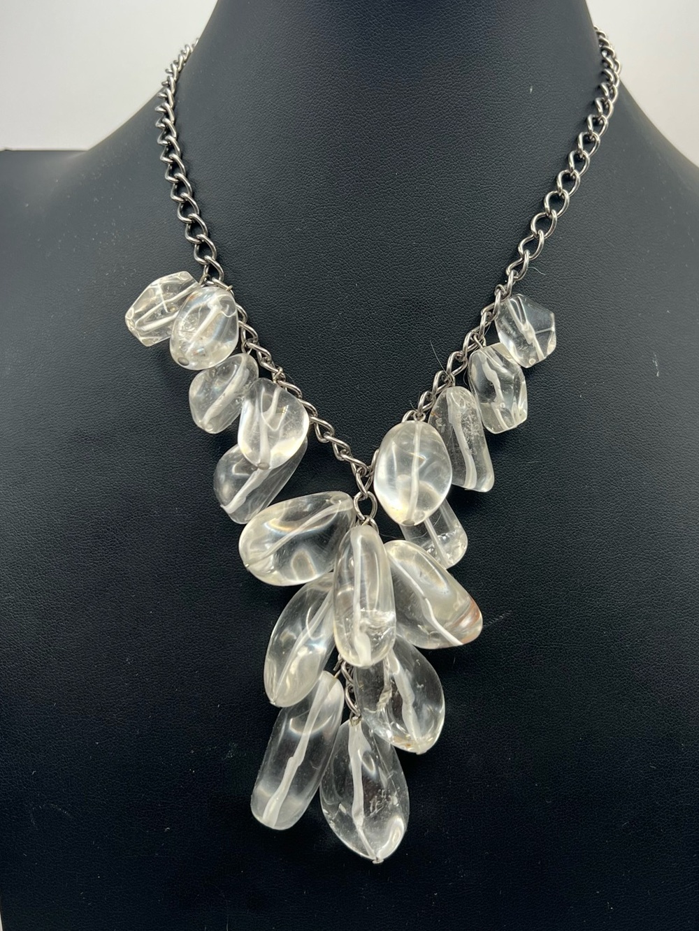 RARE Kenneth Jay Lane Raw Crystal Quartz Vintage Y Necklace on Silver Tone Chain